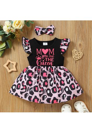 Mother's Day 2pcs Baby Girl Letter Print Leopard Print Flutter-sleeve Black Dress with Headband Set