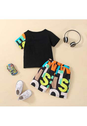 2pcs Baby Boy 95% Cotton Short-sleeve Letter Print Black Splicing T-shirt and Shorts Set