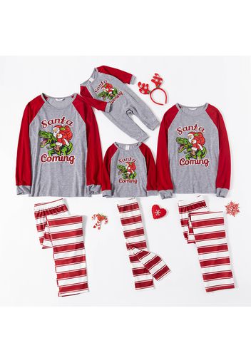 Christmas Santa Dinosaur and Letter Print Family Matching Red Raglan Long-sleeve Striped Pajamas Sets (Flame Resistant)