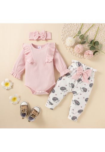 Baby 3pcs Pink Ribbed Ruffle Long-sleeve Romper and Hedgehog Print Trouser Set