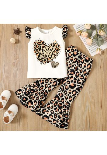 2-piece Toddler Girl Heart Print Flutter-sleeve Tee and Leopard Print Flared Pants Set