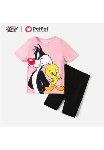 Looney Tunes 2pcs Kid Girl Animal Print Short-sleeve Pink Tee and Black Shorts Set