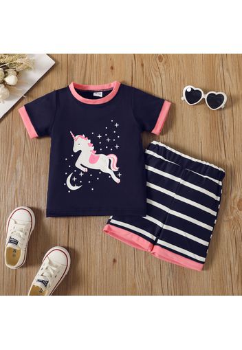 2pcs Toddler Girl Unicorn Stars Print Short-sleeve Royal Blue Tee and Stripe Shorts Set