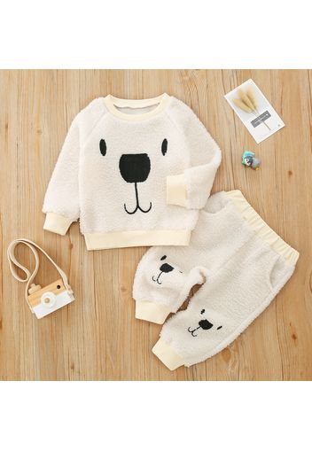 2pcs Baby Cartoon Bear Pattern White Long-sleeve Fleece Pullover and Trousers Set