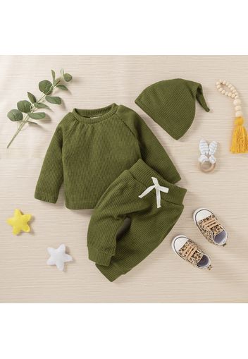 Baby Boy/Girl 3pcs Solid Ribbed Long-sleeve Pullover and Trouser Set