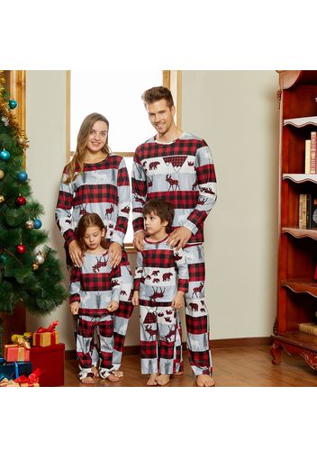 Family Matching Bear and Reindeer Print Plaid Christmas Pajamas Sets (Flame Resistant)