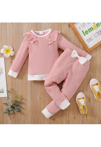 2-piece Toddler Girl Ruffled Colorblock Long-sleeve Ribbed Top and Bowknot Design Pants Set