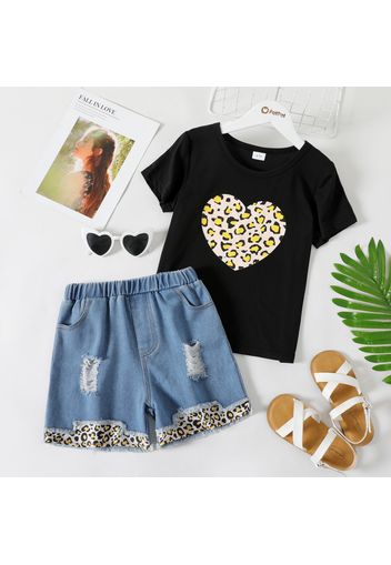 2-piece Kid Girl Leopard Heart Print Tee and Ripped Denim Shorts Set