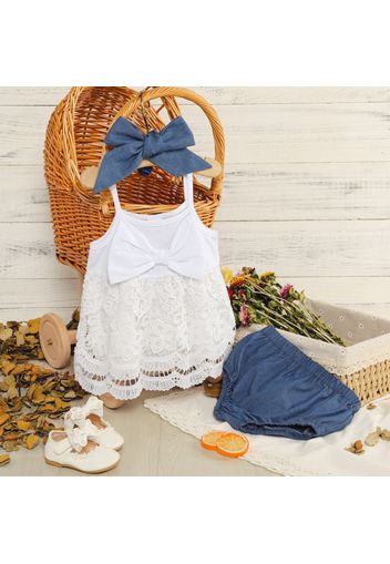 3pcs Baby Girl Lace Design Sleeveless Spaghetti Strap Top and Imitation Denim Shorts with Headband Set