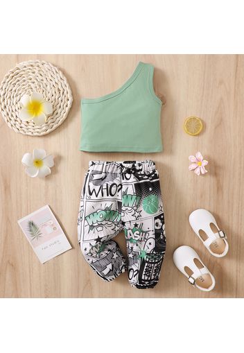 2pcs Baby Girl Solid One Shoulder Sleeveless Tank Crop Top and Comics Letter Print Pants Set