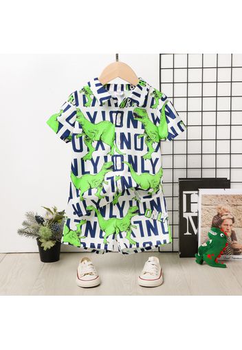 2pcs Toddler Boy Letter Dinosaur Print Lapel Collar Short-sleeve Shirt and Shorts Set