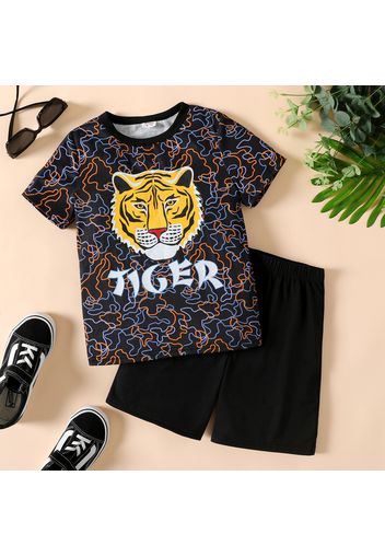 2pcs Kid Boy Letter Tiger Print Short-sleeve Tee and Elasticized Black Shorts Set