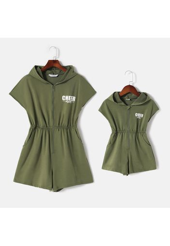 Letter Print Army Green Short-sleeve Hooded Romper Shorts for Mom and Me