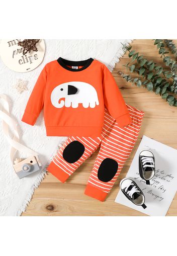 2pcs Baby Boy/Girl Cartoon Elephant Print Long-sleeve Top and Striped Pants Set