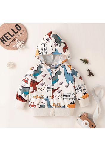 Baby Boy Allover Dinosaur & Vehicle Print Zip Long-sleeve Hooded Jacket