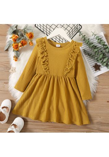 Toddler Girl Solid Ruffle Decor Long-sleeve Ginger or Brown Dress