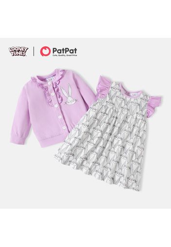 Looney Tunes 2pcs Baby Girl  Cotton Long-sleeve Frill Trim Button Front Cardigan and Allover Print Flutter-sleeve Dress Set