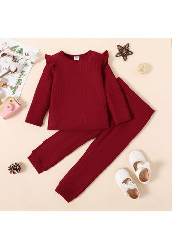 2-piece Toddler Girl Ruffled Textured Long-sleeve Top and Solid Color Pants Set