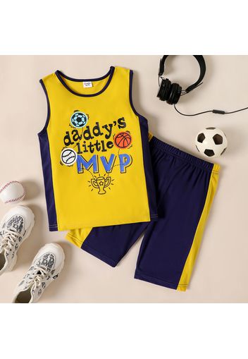 2-piece Kid Boy Letter Balls Print Tank Top and Colorblock Shorts Sporty Set