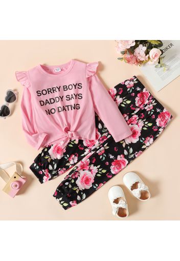 2-piece Toddler Girl Letter Print Ruffled Tie Knot Long-sleeve Top and Floral Print Pants Set