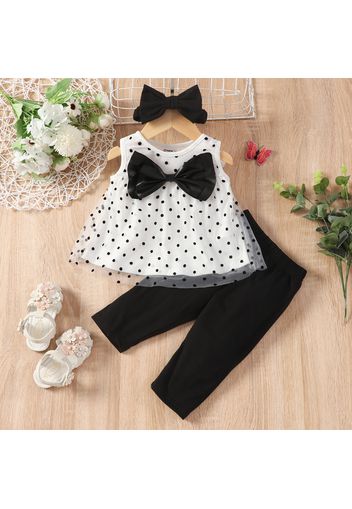 3pcs Baby Girl Faux Leather Bowknot Design Polka Dots Mesh Tank Top and Solid Pants with Headband Set