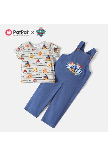 PAW Patrol 2pcs Toddler Boy/Girl Letter Print Stripe Short-sleeve Tee and Pocket Design Cotton Denim Overalls Set