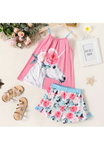 2pcs Kid Girl Unicorn Floral Print Halter Camisole and Bowknot Design Shorts Set