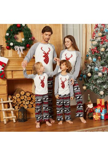 Christmas Plaid Reindeer Print Family Matching Grey Raglan Long-sleeve Pajamas Sets (Flame Resistant)