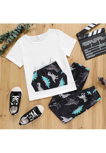 2-piece Kid Boy Animal Dinosaur Print Spike Design Short-sleeve Tee and Elasticized Pants Set