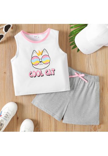 2-piece Kid Girl Letter Animal Cat Print Tank Top and Bowknot Design Grey Shorts Set