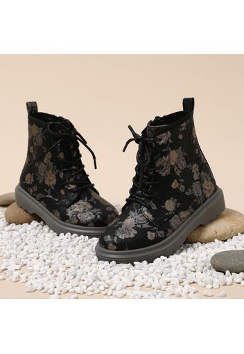 Toddler / Kid Black Floral Print Side Zipper Perforated Lace-up Boots