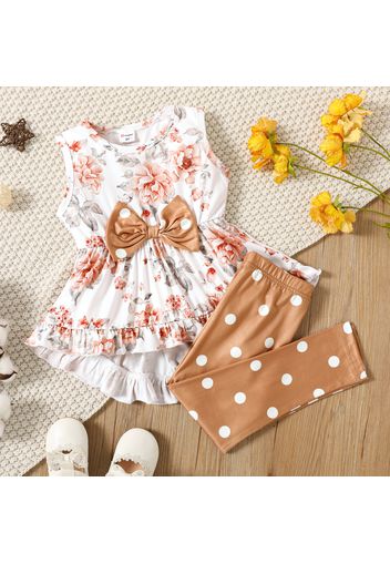 2-piece Toddler Girl Floral Print Bowknot Design Ruffled High Low Sleeveless Top and Polka dots Pants Set