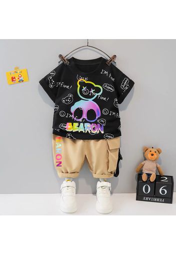 2pcs Kid Boy Letter Bear Print Short-sleeve Tee and Pocket Design Cargo Shorts Set