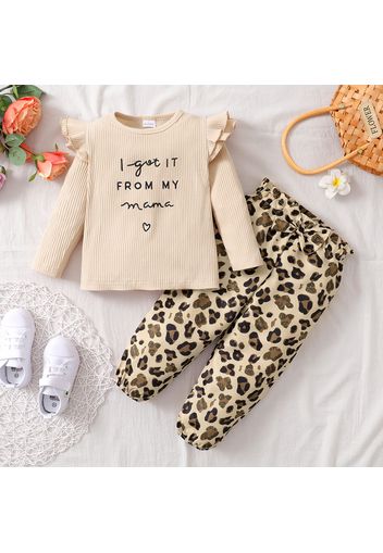 2-piece Toddler Girl Ruffled Letter Embroidered Long-sleeve Ribbed Top and Leopard Print Bowknot Design Paperbag Pants Set