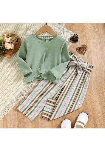 2pcs Toddler Girl Twist Knot Long-sleeve Green Tee and Stripe Belted Pants Set