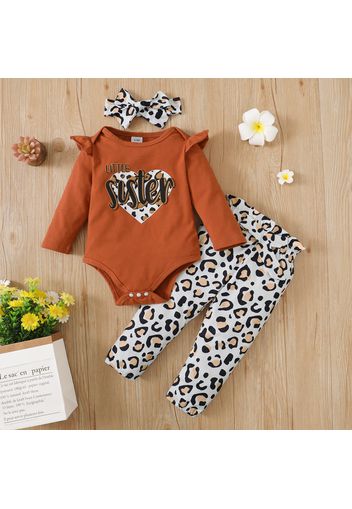 3pcs Baby Girl Letter Print Long-sleeve Romper and Leopard Trousers with Headband Set