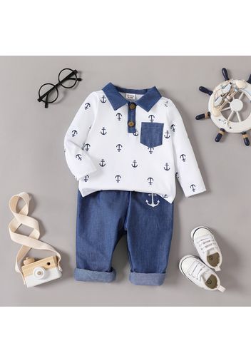 2pcs Baby Boy Allover Anchor Print Long-sleeve Contrast Collar Top and Pants Set