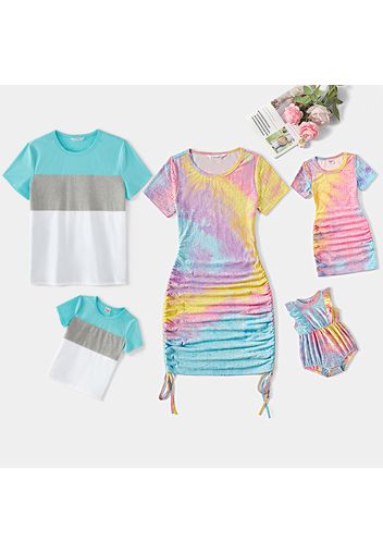 Family Matching Hollow Out Tie Dye Short-sleeve Drawstring Ruched Bodycon Dresses and Colorblock T-shirts Sets