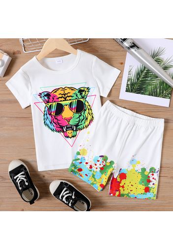 2pcs Kid Boy Animal Tiger Print Short-sleeve Tee and Colorblock Shorts Set