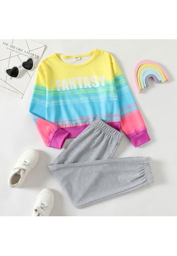 2-piece Kid Girl Letter Print Rainbow Color Long-sleeve Top and Elasticized Gray Pants Set