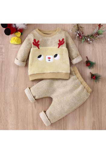 2-piece Baby Girl/Boy Christmas Deer Embroidered Fuzzy Sweatshirt and Elasticized Pants Set