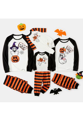 Halloween Family Matching Raglan-sleeve Pumpkin Ghost & Letter Print Striped Pajamas Sets (Flame Resistant)