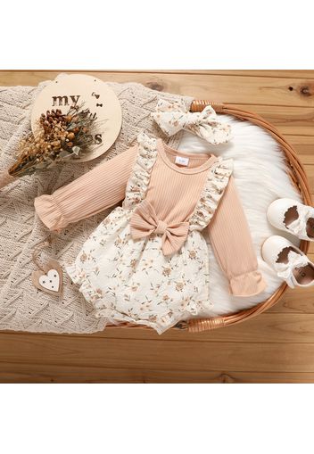 2pcs Baby Girl Solid Ribbed Long-sleeve Splicing Floral Print Ruffle Bowknot Romper with Headband Set