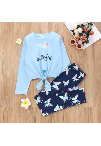 2-piece Kid Girl Butterfly Letter Print Tie Knot Long-sleeve Tee and Leggings Set