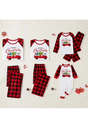 Merry Christmas Family Matching Red Plaid Raglan Long-sleeve Pajamas Sets(Flame Resistant)