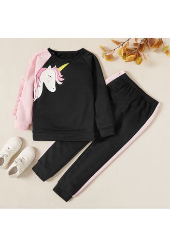 2-piece Kid Girl Unicorn Print Ruffled Colorblock Pullover Sweatshirt and Elasticized Pants Set