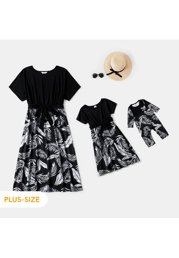 Plants Print Splicing Black Short-sleeve Belted Midi Dress for Mom and Me
