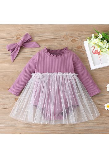 Ribbed 2pcs Solid Mesh Layered Design Long-sleeve Baby Set