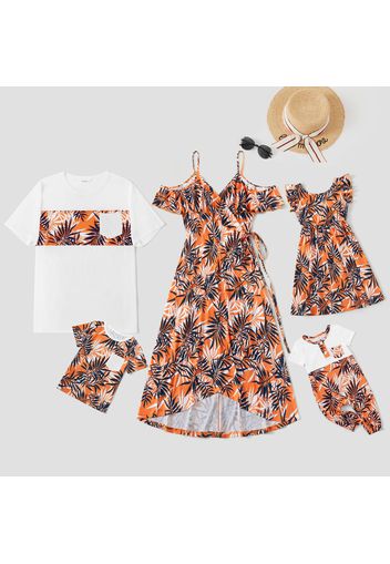 Floral Print Splice Family Matching Orange Sets