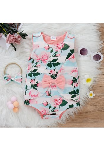 2pcs Baby Girl Green Leaves and Floral Print Sleeveless Bowknot Romper Set